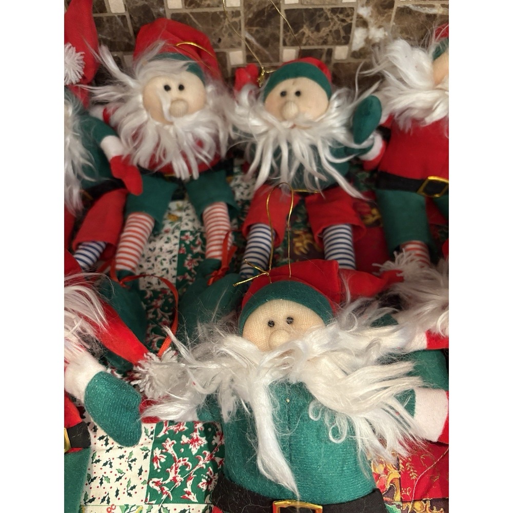 Vintage Christmas Flocked Santa pixie doll 10" Ornaments Lot of 8